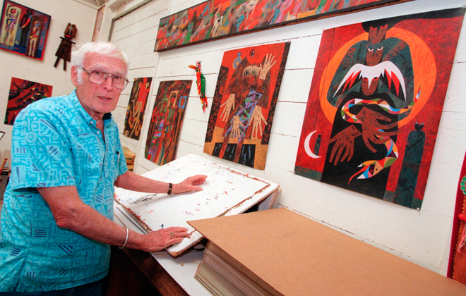 Artist Murray Turnbull with some recent work in his Manoa Valley studio. (Photo courtesy GEORGE F. LEE)